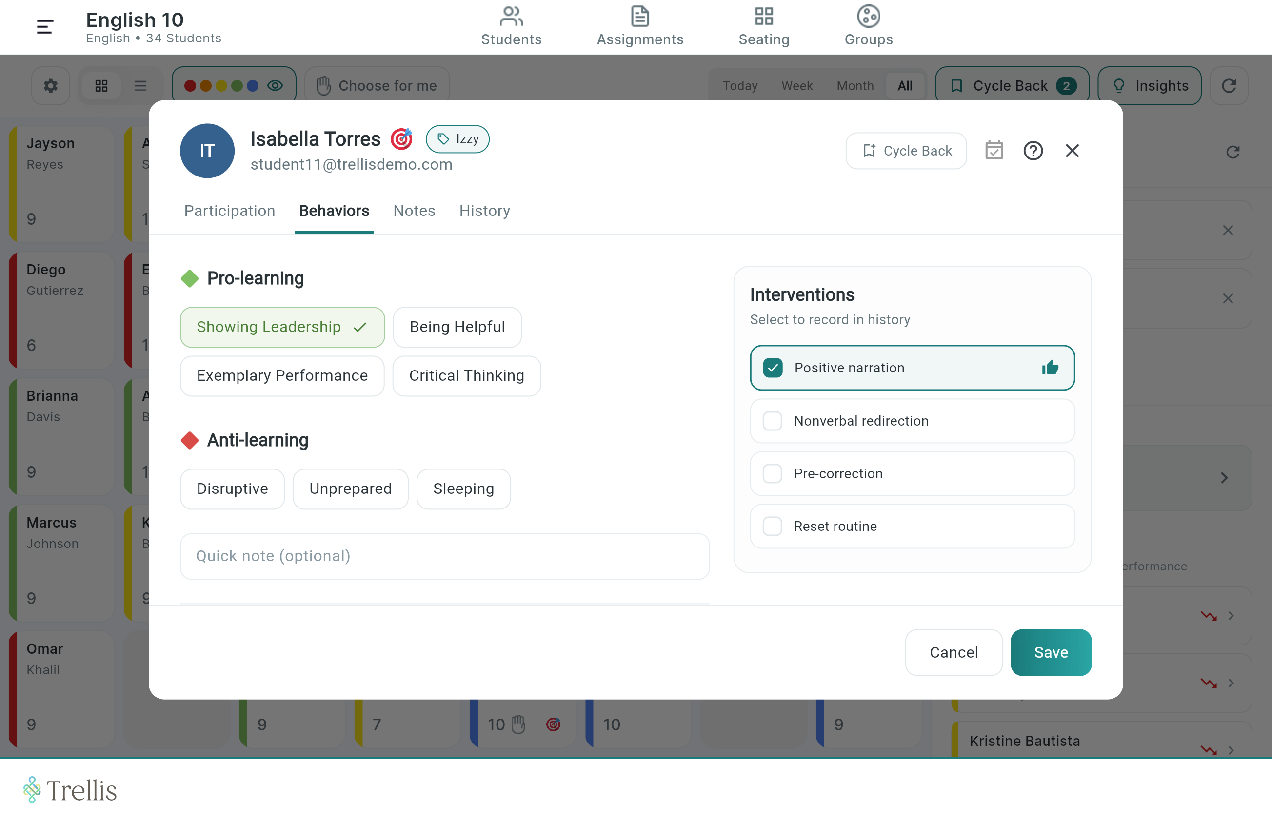 Student profile — Behaviors tab