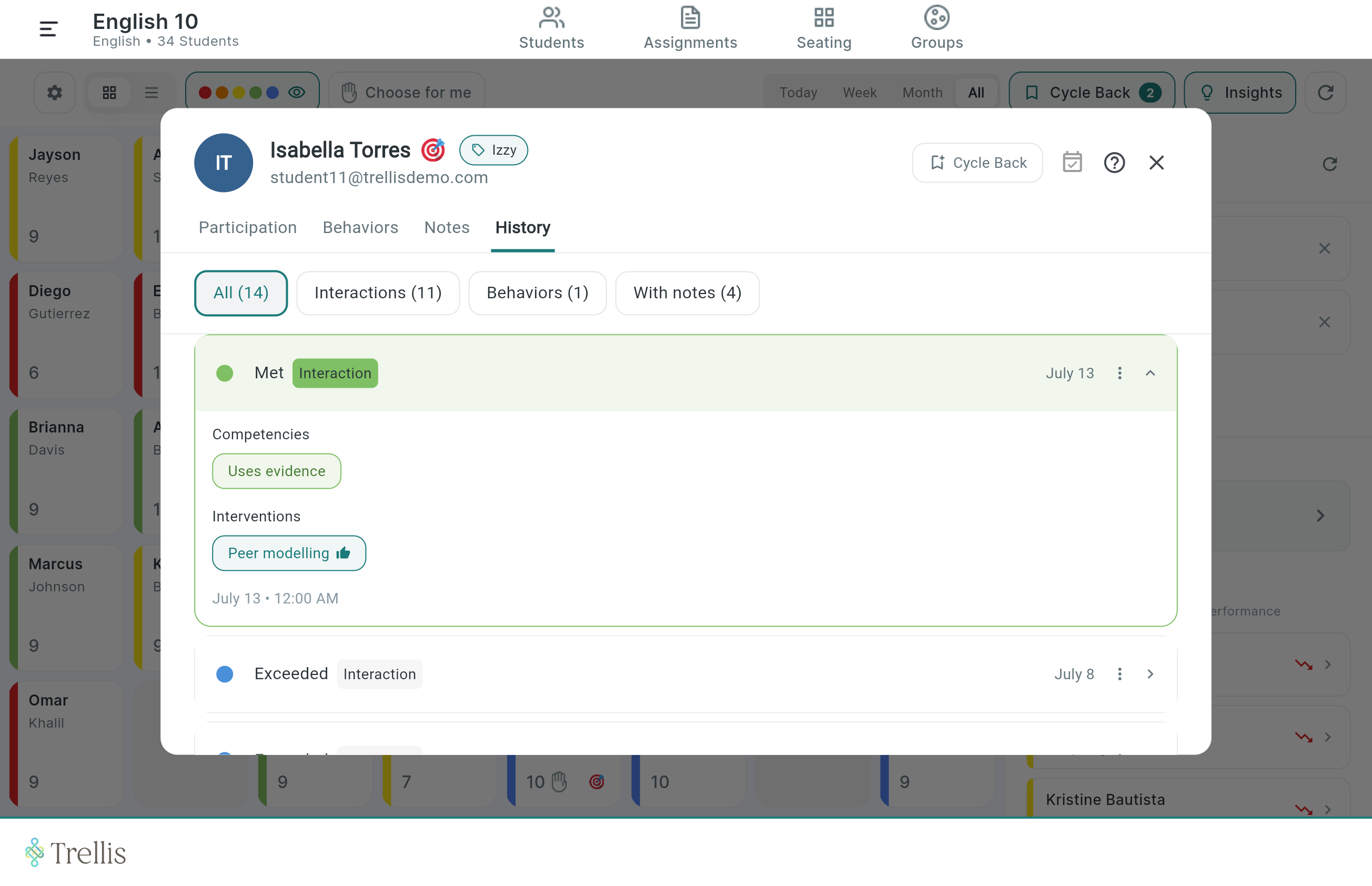 Student profile — History tab